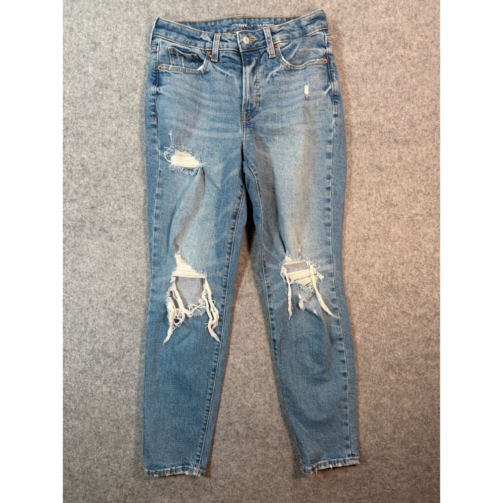 Old Navy OG Straight High Rise Distressed Ripped Jeans Blue‎ Womens Size 4